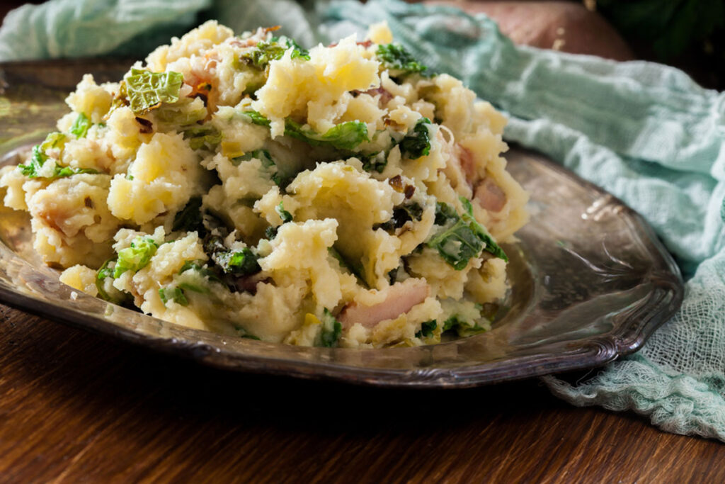 Colcannon, traditional Irish dish with mashed potatoes, bacon and cabbage