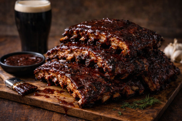 Guinness BBQ ribs stacked on a wooden board, coated in a rich glossy sauce, with a pint of stout and barbecue sauce on the side
