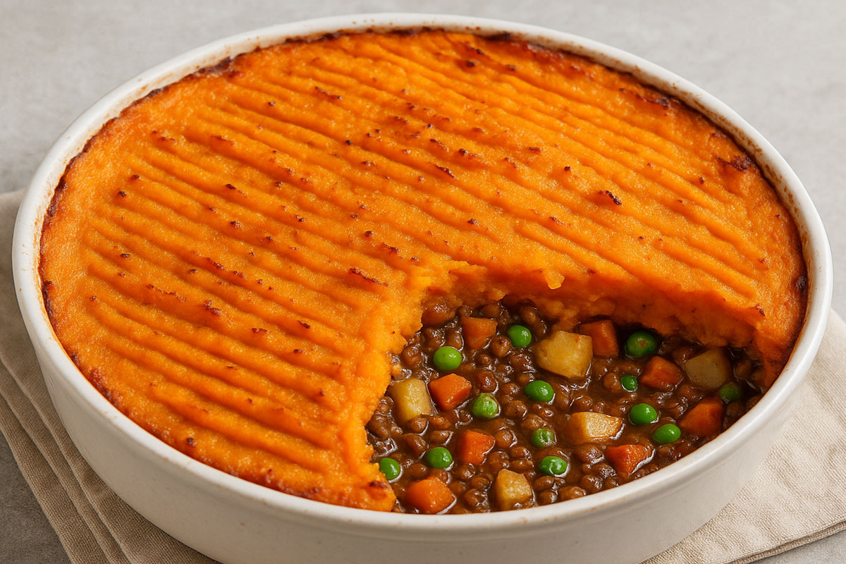 You are currently viewing VEGAN SHEPHERD’S PIE WITH SWEET POTATO MASH