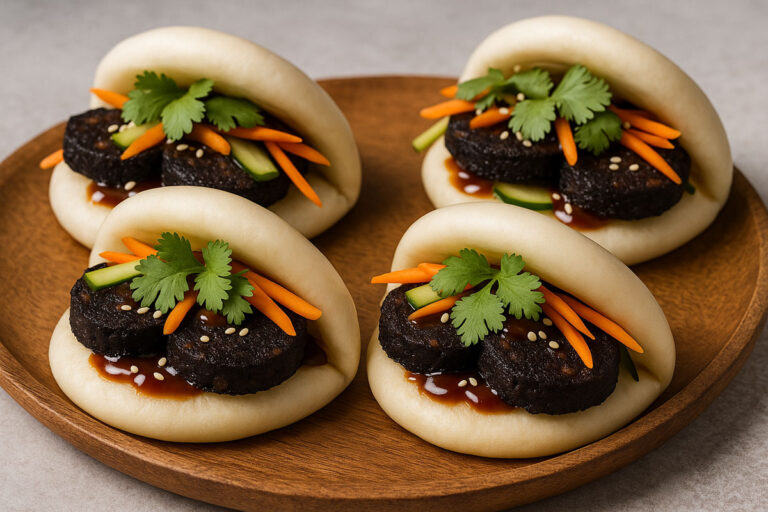 Four fluffy bao buns filled with slices of black pudding, julienned carrots, cucumber, fresh coriander, and drizzled with hoisin sauce, served on a wooden plate.