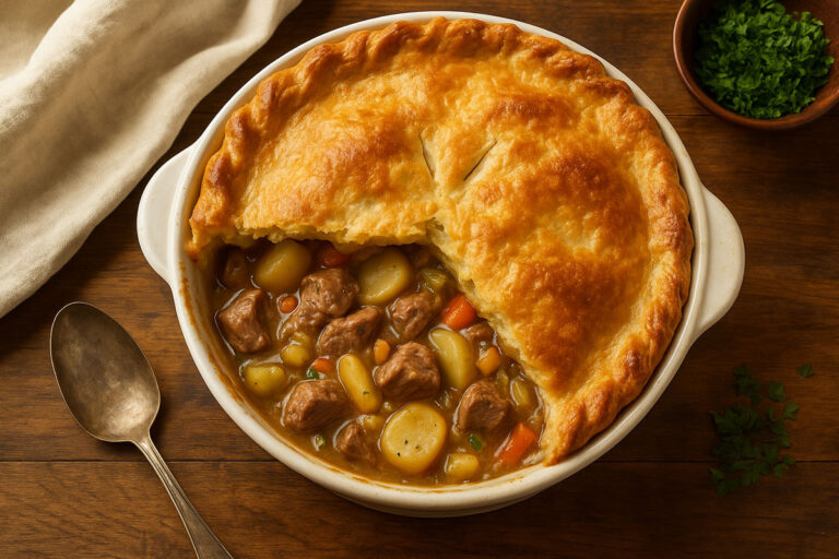 A freshly baked Kerry Pie filled with tender lamb, potatoes, and herbs, topped with a golden-brown flaky pastry crust, served hot in a rustic Irish kitchen setting.