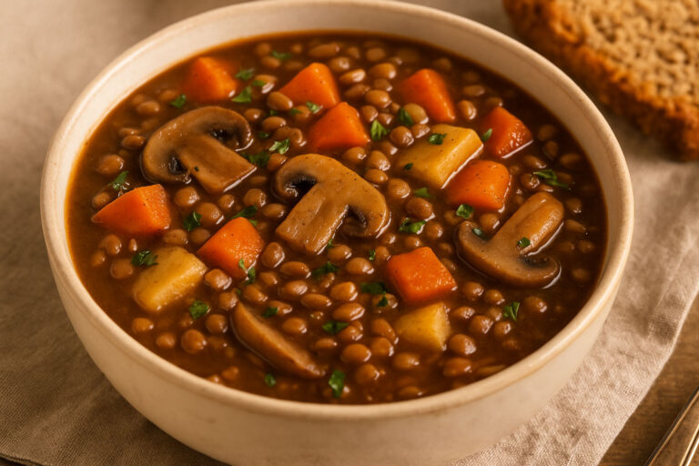 A hearty bowl of lentil and mushroom Irish stew featuring brown lentils, sliced mushrooms, carrots, and parsnips in a rich brown broth, garnished with chopped parsley and served with a slice of soda bread in the background.