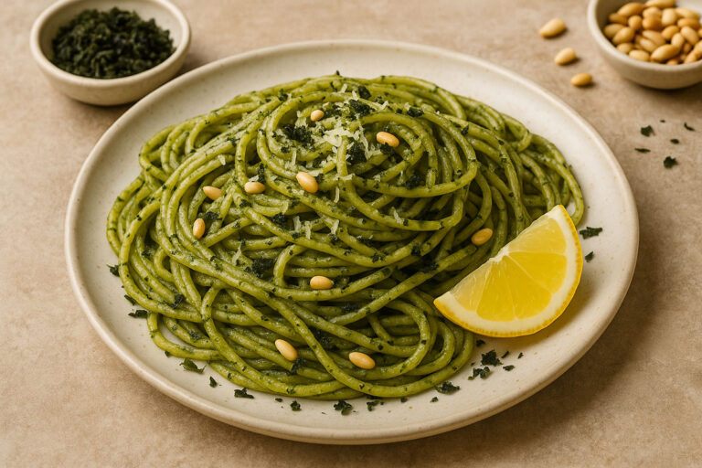 Plate of spaghetti coated in seaweed pesto, garnished with pine nuts, grated Parmesan, and a lemon wedge, with bowls of dried seaweed and pine nuts in the background.