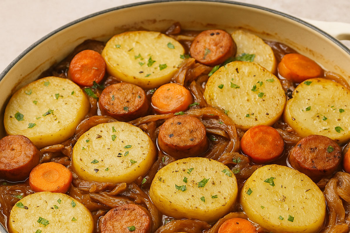 You are currently viewing HEARTY VEGAN DUBLIN CODDLE WITH CARAMELIZED ONIONS AND SAUSAGE