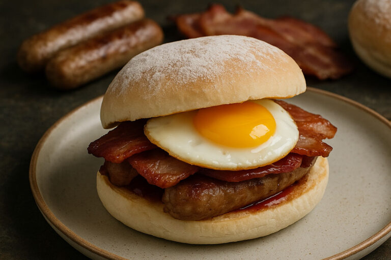 Waterford Blaa Breakfast Sandwich on a plate, filled with sausage, crispy bacon, and a fried egg, with extra Blaa rolls, sausages, and bacon in the background.