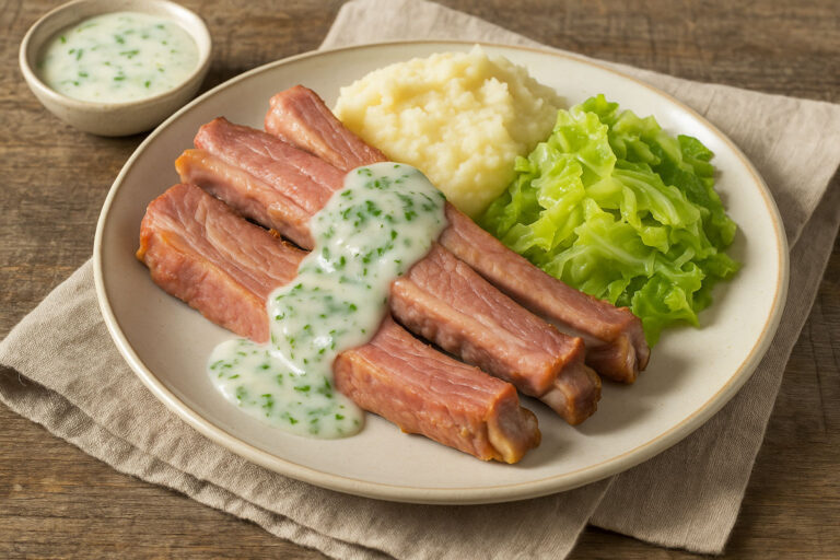 Traditional Dublin dish of bacon ribs drizzled with creamy parsley sauce, served with mashed potatoes and boiled cabbage on a rustic ceramic plate.