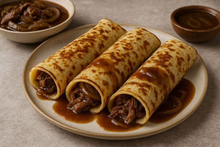 Three golden boxty pancake wraps filled with slow-cooked beef and onions, drizzled with rich onion gravy, served on a rustic ceramic plate with extra gravy in bowls in the background.
