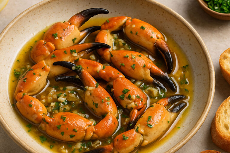 Irish crab claws in garlic butter, garnished with parsley and served in a rustic bowl with crusty bread slices and a lemon wedge on the side.