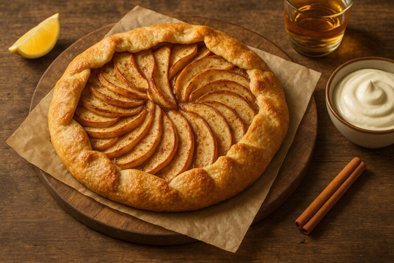 Rustic Irish Whiskey Apple Galette with golden flaky pastry folded around whiskey-infused apple slices, served on parchment with a dollop of cream, a glass of whiskey, and a cinnamon stick on a wooden table.