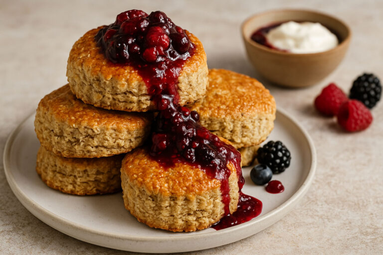 Golden oat shortcakes stacked with fresh berries and a drizzle of compote on a rustic wooden table.
