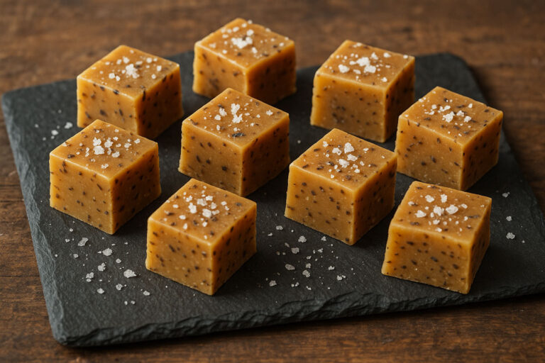 Rich caramel fudge squares with flakes of sea salt and a hint of dried seaweed, displayed on parchment paper.