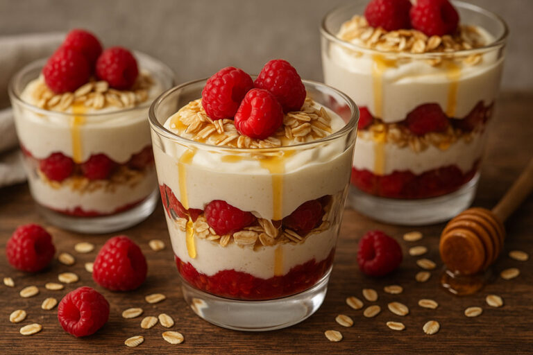 A layered dessert of cream, oats, and berries in a glass, topped with a splash of Irish whiskey.