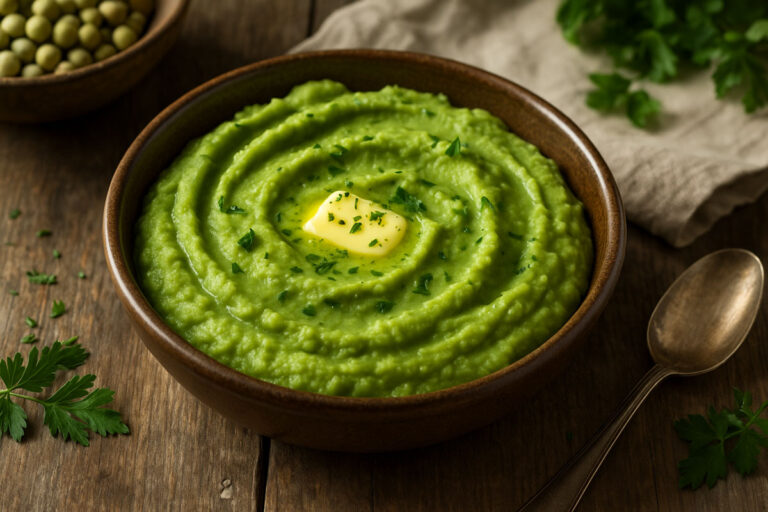 A rustic bowl of smooth green marrowfat pea purée topped with melting butter and parsley, set on a wooden Irish kitchen table.