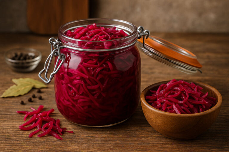 A glass jar filled with vibrant pickled red cabbage, with shredded cabbage spilling slightly over the top, set on a rustic wooden table with peppercorns and a small bowl of extra cabbage.