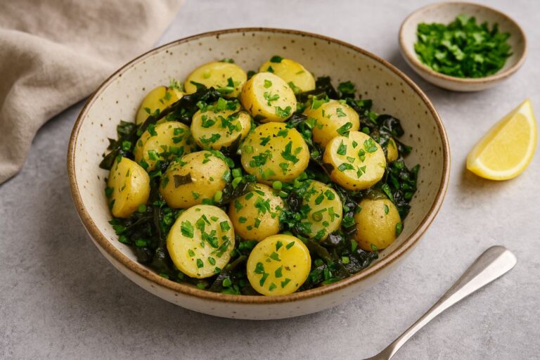 Irish seaweed and potato salad made with halved baby potatoes, chopped seaweed, and lemon dressing, served in a ceramic bowl with herbs and lemon wedge.
