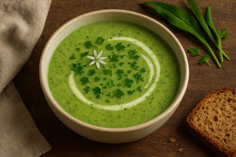 Creamy green wild garlic and potato soup served in a rustic bowl, garnished with wild garlic flowers and herbs, on a wooden Irish kitchen table.