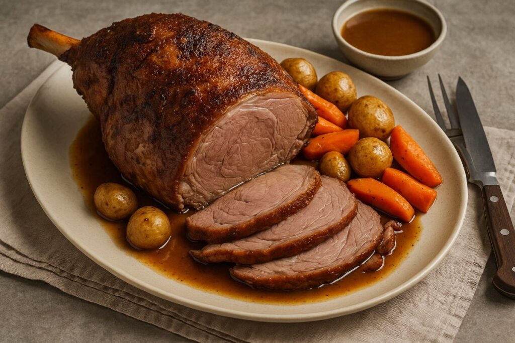 Traditional Irish Sunday roast with a golden roast leg of lamb garnished with rosemary, garlic, and roasted root vegetables on a rustic wooden table