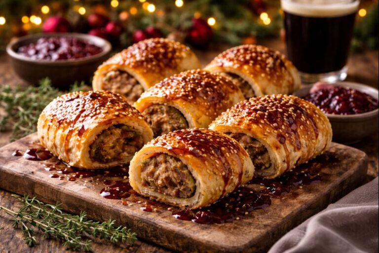 Festive sausage rolls filled with stuffing and glazed with cranberry and porter sauce, served on a wooden board