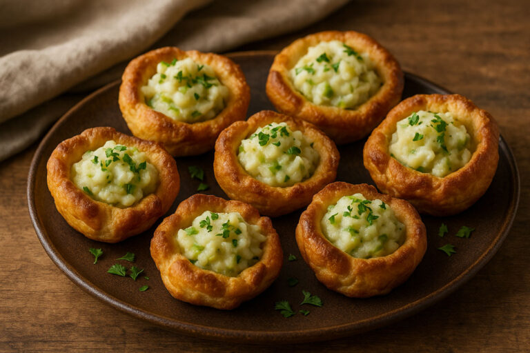 Golden, imperfectly shaped Yorkshire puddings filled with creamy Irish colcannon, topped with parsley, arranged on a rustic ceramic plate.