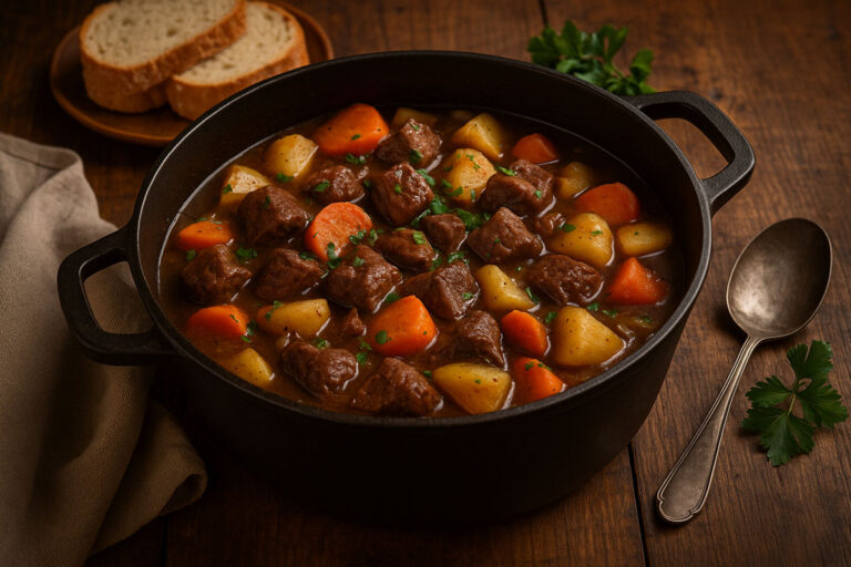Irish venison stew with root vegetables served in a cast-iron pot on a rustic pub-style wooden table, with bread and a spoon beside it.
