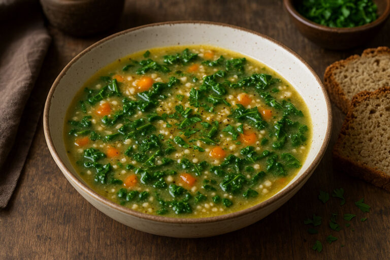 A bowl of old-style Irish kale and oatmeal soup with broth, carrots, and tender kale leaves, served with slices of brown soda bread on a wooden table.