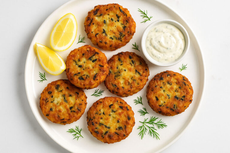 Overhead view of golden potato and dillisk (dulse) fritters on a clean white plate with lemon wedges and a small bowl of dipping sauce, photographed in a bright modern food-blog style.