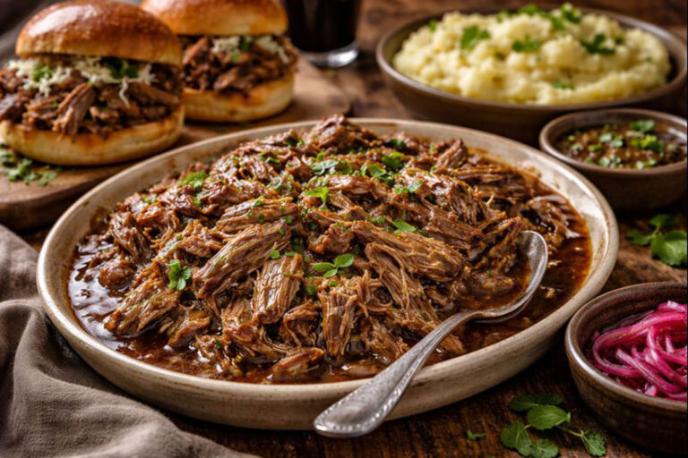 Slow-cooked pulled lamb in stout sauce with fresh mint, served with bread rolls and mashed potatoes