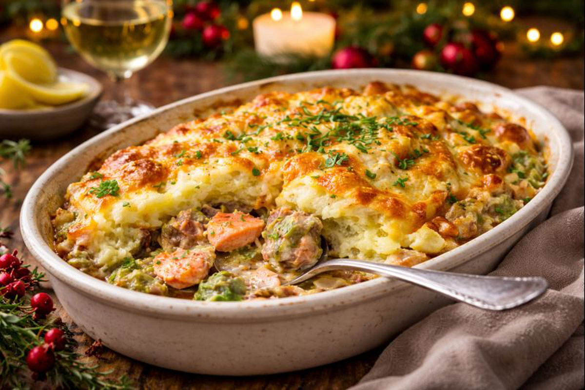 You are currently viewing SMOKED SALMON, COLCANNON AND CHEDDAR BAKE