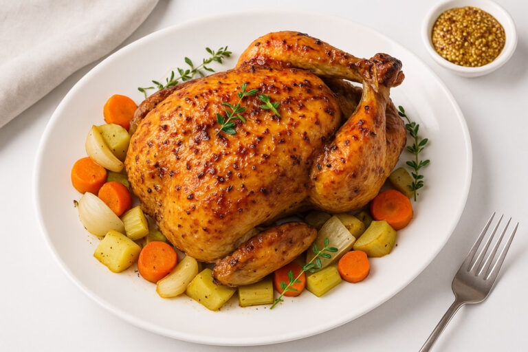 Golden whiskey and mustard roast chicken on a white platter with roasted vegetables and thyme, photographed in a bright modern food-blog style.