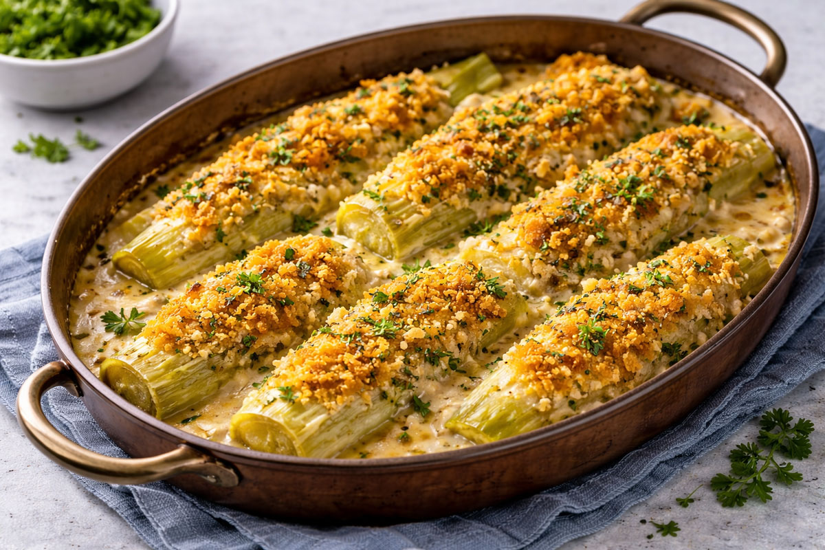 Read more about the article BAKED LEEKS WITH IRISH CHEDDAR CRUMB