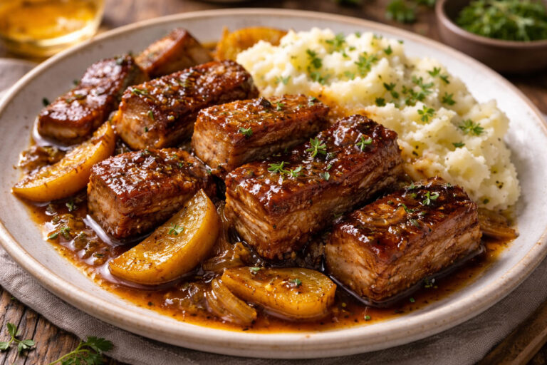 Cider-braised pork belly with apples and herbs, glazed in a rich sauce and served in a rustic Irish style.