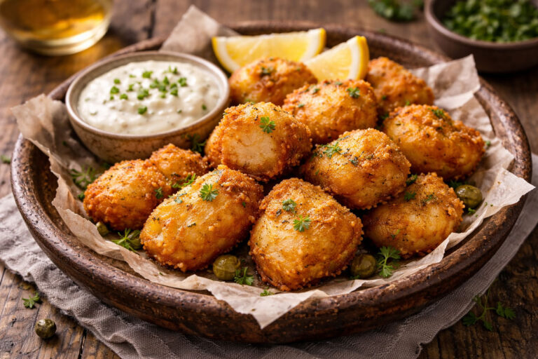 Rustic Irish ale-battered scallops with golden crispy batter, served on a wooden board with lemon wedges.