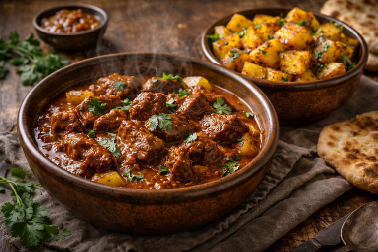 Mild Irish lamb curry served with spiced potatoes in a rustic bowl, showing tender lamb in a warmly spiced sauce.