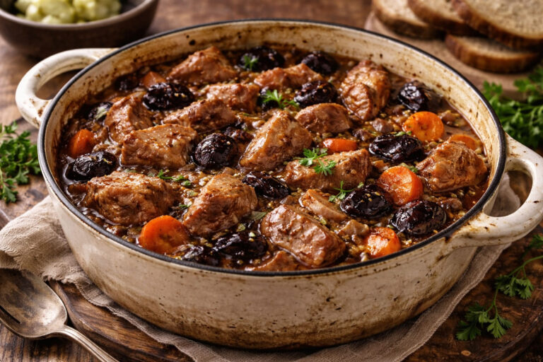 Irish pork and prune casserole with tender pork pieces and prunes in a rich sweet-savoury sauce.