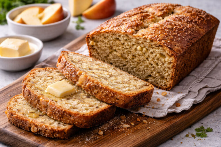 Sliced Irish potato apple bread showing a soft crumb with pieces of apple, served fresh from the loaf.