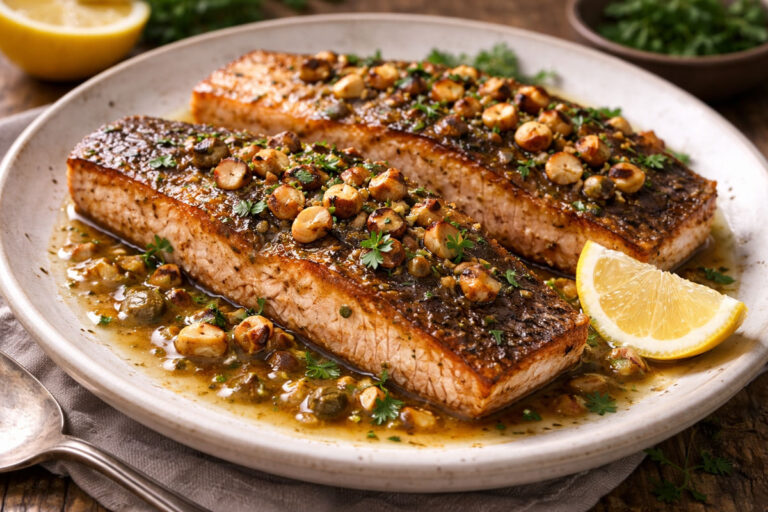 Pan-fried sea trout topped with brown butter and toasted hazelnuts, served simply with lemon and herbs.