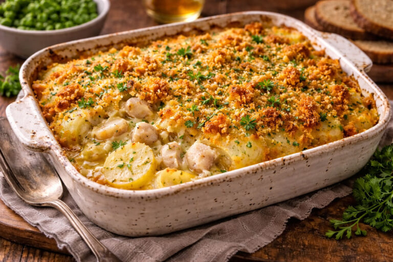 Creamy smoked pollock bake with potatoes and a golden breadcrumb topping, served as an Irish coastal comfort dish.