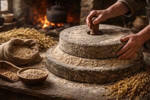 Traditional stone grinding of oats using a quern stone in an Irish farmhouse setting.