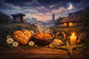 Illustrated Irish folklore scene at twilight showing a rustic table with soda bread, a steaming bowl of stew topped with a shamrock, a horseshoe, gold coins, a lit candle, and a St. Brigid’s cross, with a stone dolmen, round tower, and thatched cottage glowing in the countryside beneath a starry sky.