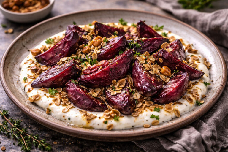 Roasted beetroot wedges served over creamy yogurt and topped with toasted oats and fresh herbs.