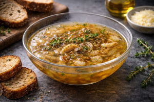 Roasted onion and thyme broth served in a simple bowl, showing a clear golden soup with caramelised onion slices and fresh thyme.