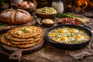 Traditional Irish Shrove Tuesday savoury dishes including boxty, baked eggs, and soda bread in a rustic kitchen setting.