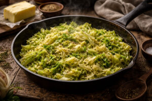 Buttered green cabbage sautéed with caraway seeds in a rustic pan, served as a traditional Irish side dish.