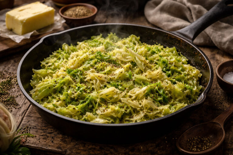 Buttered green cabbage sautéed with caraway seeds in a rustic pan, served as a traditional Irish side dish.