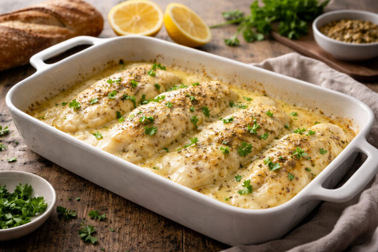 Oven-baked haddock fillets in a creamy mustard sauce served in a rustic Irish kitchen setting.