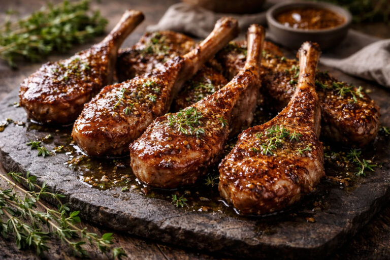 Irish spiced lamb cutlets glazed with honey, seared until caramelized and served in a rustic setting.