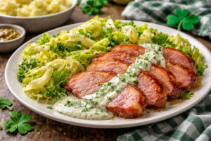 Honey-glazed Irish bacon served with buttered cabbage and parsley cream sauce for St. Patrick’s Day.