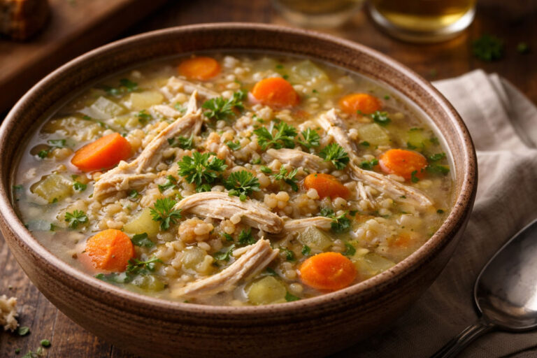 Clare farmhouse chicken broth with barley in a rustic bowl, featuring shredded chicken, carrots, celery, and fresh parsley on a wooden table