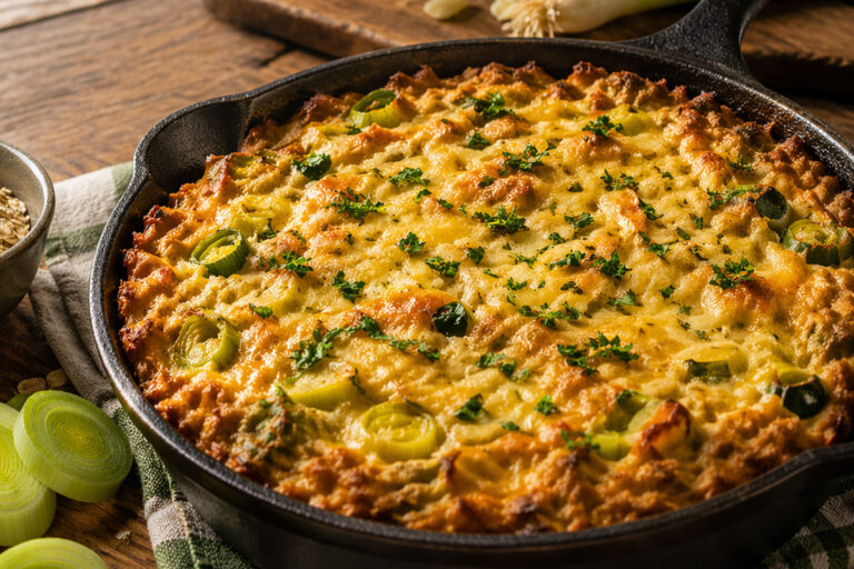 Donegal oat and leek skillet bake in a rustic pan with melted cheese and fresh herbs.