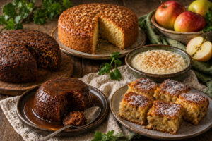 Rustic spread of traditional Irish desserts including apple cake, porter cake, rice pudding, and sticky toffee pudding on a wooden table